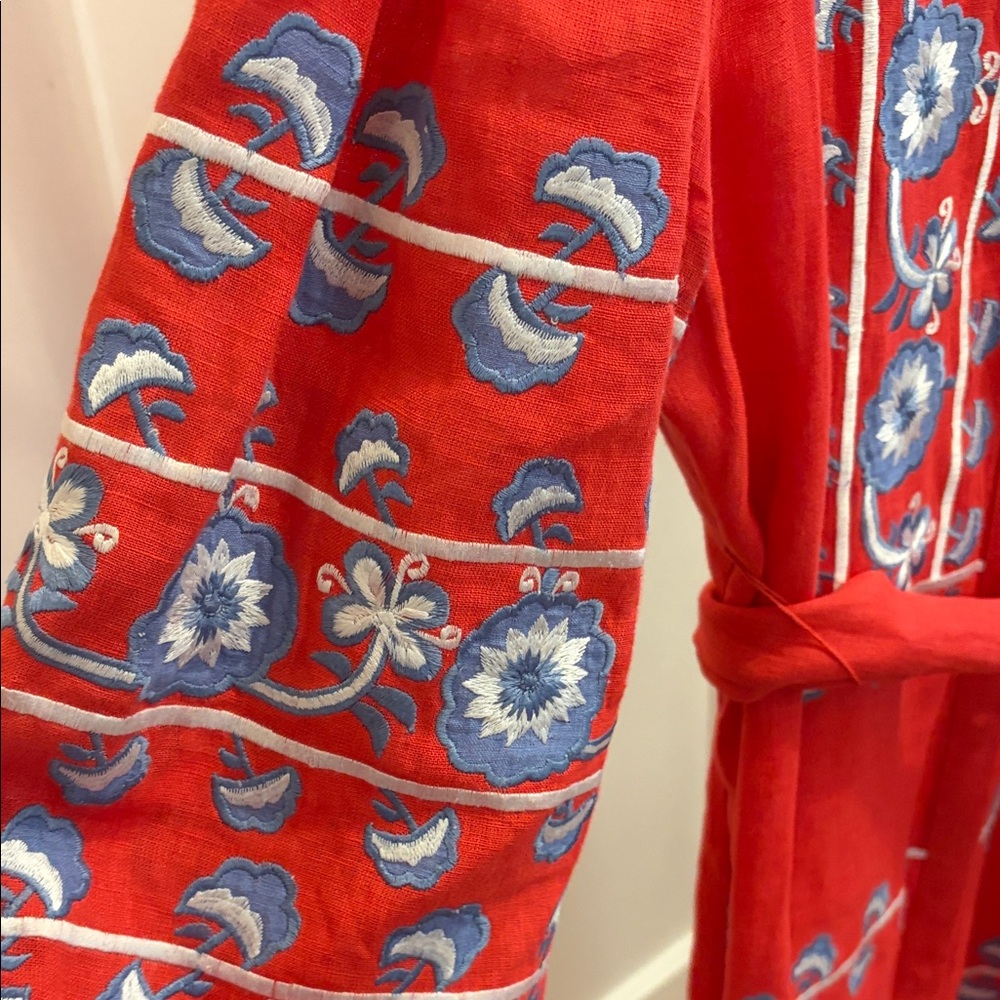 Bohemian Red Embroidered Maxi Dress with Waist Tie - Picture 3 of 5